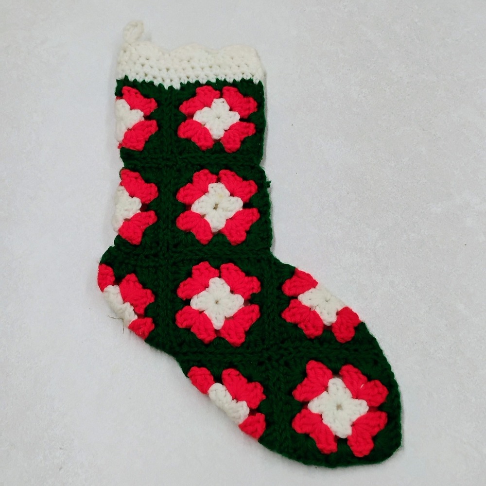Handmade‎ Granny Square Crochet Christmas Stocking Green Red White Holiday Decor